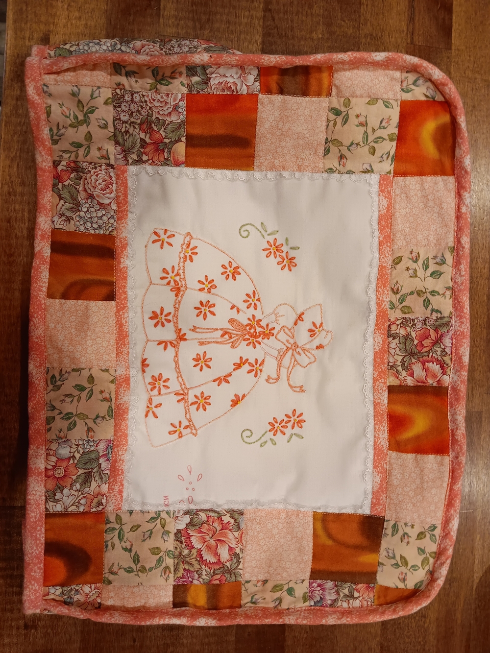 Hand-Embroidered Floral Sunbonnet Quilt Slip Cover